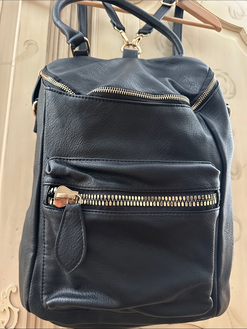 MMS Design Studio Black Leather Backpack with Gold Hardware